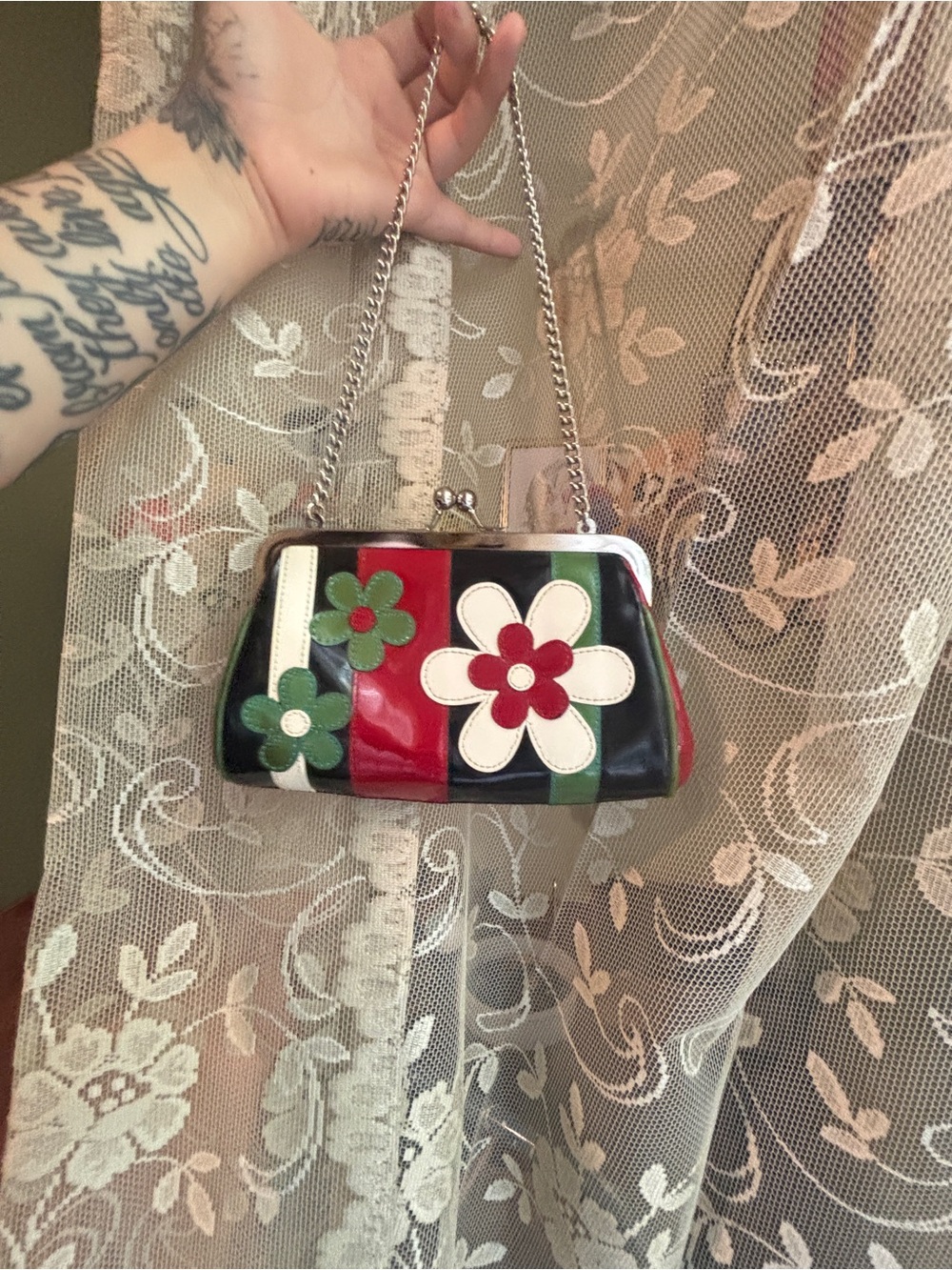 Isabella Fiore Black, Red, Green & White Floral Appliqué Chain Clutch